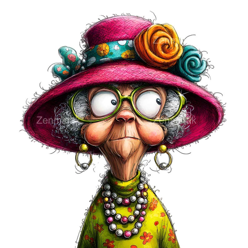 16 PNG Funny Grandma Clipart – Eccentric Old Lady With Big Hat and ...