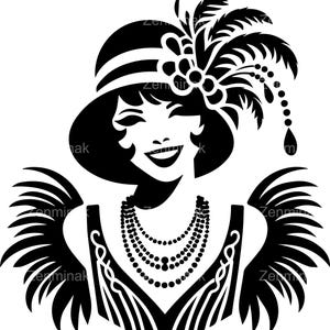 4 Vintage Woman with Feathered Hat SVG, plik do cięcia sylwetki retro flapper, projekt Art Deco do cięcia Cricut i laserowego