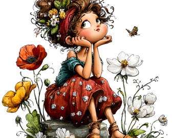 16 PNG Girl in Garden Clipart, Messy Bun Floral Hair, Butterfly Graphic