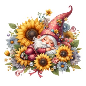 10 PNG Gnomo girasol durmiendo – Clipart PNG floral – Lindo gnomo barbudo con sombrero rojo durmiendo la siesta en flores para manualidades, tarjetas y decoración