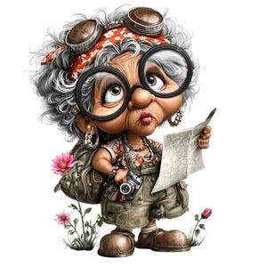 May include: A cartoon image of an elderly woman dressed for travel, wearing large glasses, goggles, and a floral shirt. She holds a map and a camera, with a backpack and flowers. The image has a whimsical, cartoonish style.