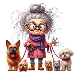 14 grappige oma met honden PNG-clipart, domme oudere dame wandelende puppy's, rommelig haar, bril, schattige komische dierenliefhebber illustratie