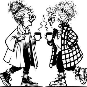 May include: Black and white illustration of two women with glasses, holding mugs of coffee. One woman wears a long coat and scarf, the other a plaid jacket. Both have their hair up and are wearing sneakers.