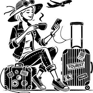 3 SVG de chica viajera (SVG): archivo recortado de turista con café y equipaje. Clipart de aeropuerto para manualidades, pegatinas y camisetas de vacaciones.