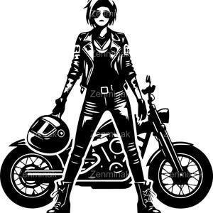 Archivo de corte SVG de 4 motociclistas: silueta de motociclista femenina para Cricut, chaqueta de cuero, diseño de arte de motocicleta