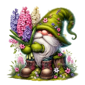 15 graziosi gnomi PNG Clipart con cappello verde e fiori di giacinto / Arte gnomo da giardino primaverile / Design floreale stampabile
