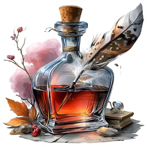 20 PNG Vintage bläckflaska, fjäderpenna Clipart, Academia magisk dryck