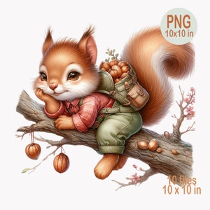 10 cliparts PNG écureuil mignon, animal de la forêt avec sac à dos, adorable scène de forêt, illustration d'art numérique à télécharger