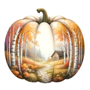 12 Zucca autunnale PNG Clipart con scena di capanna nella foresta, betulle, sentiero, fiori e fogliame all'interno della forma di zucca autunnale