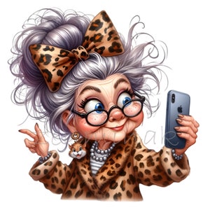 15 png Grappige selfie oma – luipaardprint, PNG-clipart – eigenzinnige senior met grote strik, telefoon en parels voor digitale humor en ambachtelijke ontwerpen