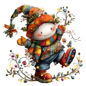 May include: A whimsical illustration of a smiling doll-like figure in a colorful patchwork outfit. The figure wears a tall hat, scarf, gloves, and boots, all adorned with stars and festive patterns. Decorative floral elements surround the figure.