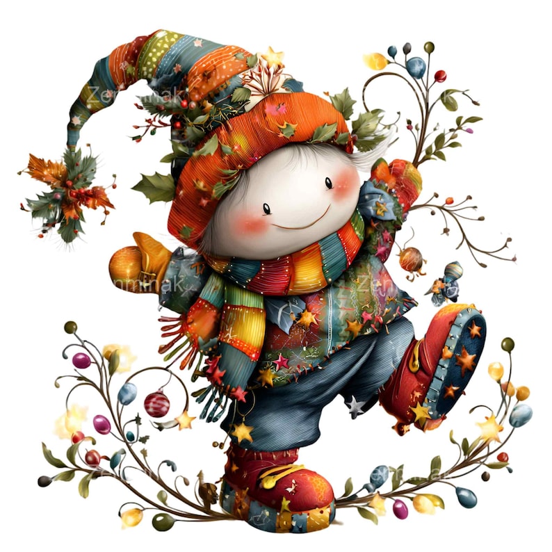 May include: A whimsical illustration of a smiling doll-like figure in a colorful patchwork outfit. The figure wears a tall hat, scarf, gloves, and boots, all adorned with stars and festive patterns. Decorative floral elements surround the figure.
