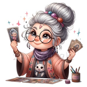 15 Oma Tarot Reader Clip Art PNG - Ältere Wahrsagerin mit Tarot Karten und Kaninchen - Digital Download Art
