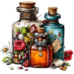 May include: Watercolour illustration of three decorative glass bottles with cork stoppers. The bottles are filled with colourful gems, flowers, and a golden liquid. The bottles are embellished with jewels and a vintage label.