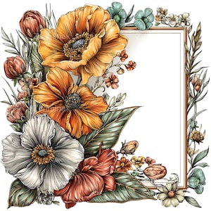 Peut inclure: Illustration florale détaillée avec un cadre rectangulaire. L'image présente une variété de fleurs, notamment de grandes fleurs orange et blanches, et de plus petites fleurs rouges, vertes et jaunes. L'œuvre a un style dessiné à la main.