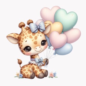 10 graziosi clipart PNG di giraffa, animale kawaii con palloncini a forma di cuore, arte pastello per la cameretta dei bambini, papillon, decorazioni morbide per baby shower.