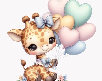 10 lindas jirafas bebé PNG clipart, animal kawaii con globos de corazón, arte infantil pastel, pajarita, decoración suave para baby shower de niña