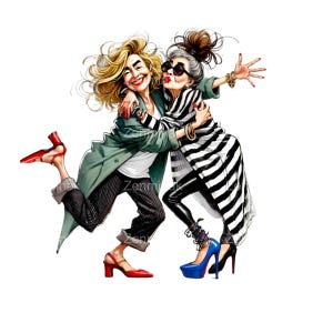 12 divertenti amici clipart PNG, donne eleganti che si abbracciano illustrazione, stravaganti migliori amici arte della moda per disegni divertenti