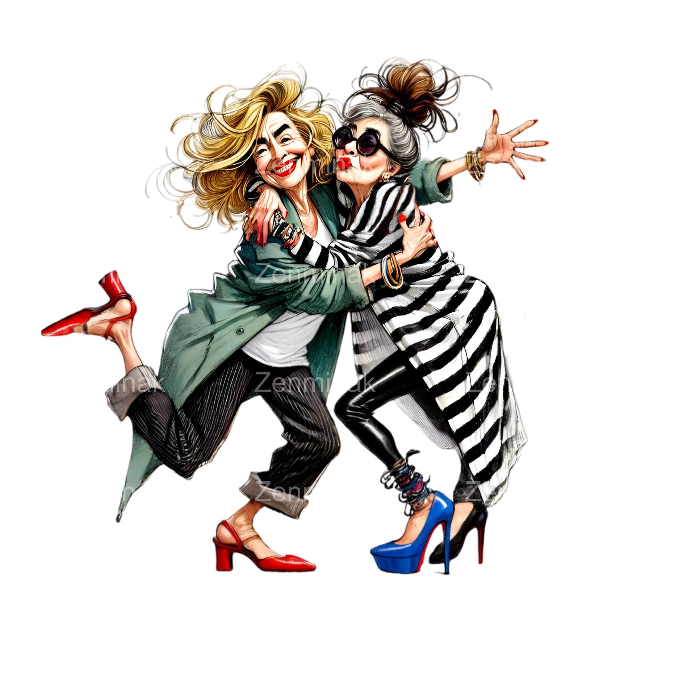 12 Funny Friends Clipart PNG, Stylish Women Hugging Illustration, Quirky Best Friends Fashion Art for Fun Designs