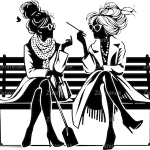 6 SVG Retro Friends Bench SVG - Zwei elegante Frauen auf einer Parkbank im Gespräch - Vintage Lady Silhouette Clipart für Shirts, Dekor, Kunsthandwerk