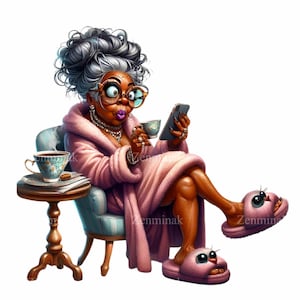 Divertente nonna in vestaglia con caffè e telefono PNG – 15 personaggi anziani stravaganti Arte digitale