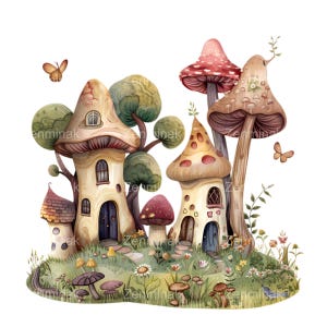 20 PNG Whimsical mushroom house clipart – Fantasy fairy village PNG – Cute forest cottage scene for kids decor, crafts or storybook art