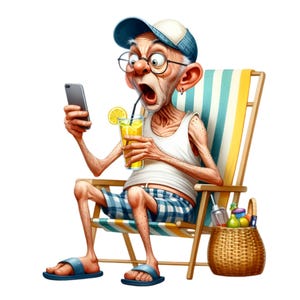 15 divertenti clipart PNG del nonno, vecchio scioccato con telefono e limonata, illustrazione umoristica della spiaggia estiva