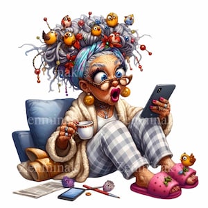 12 Quirky Grandma PNG con uccelli PNG Clipart - Divertente design di cartoni animati della nonna - Download digitale per artigianato e biglietti