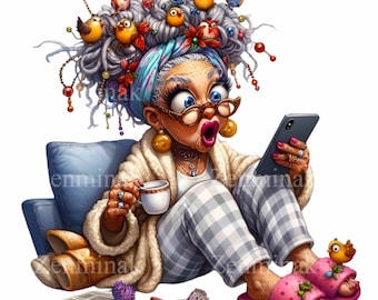 12 PNG Surprised Grandma Phone Clipart, Senior Woman Technology