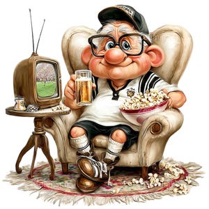 May include: A cartoon illustration of a man in a chair watching TV, holding a beer and popcorn. He wears a black and white jersey, glasses, and a cap. A vintage TV, popcorn bowl, and beer glass are on a small table.