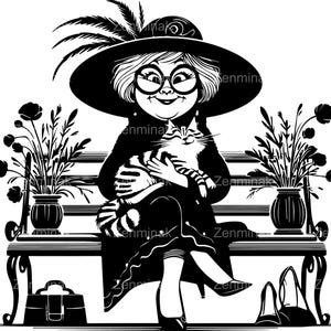 5 élégante grand-mère SVG coupe fichier, dame avec des cliparts de chat, femme vintage sur la silhouette de banc, art numérique de dame âgée