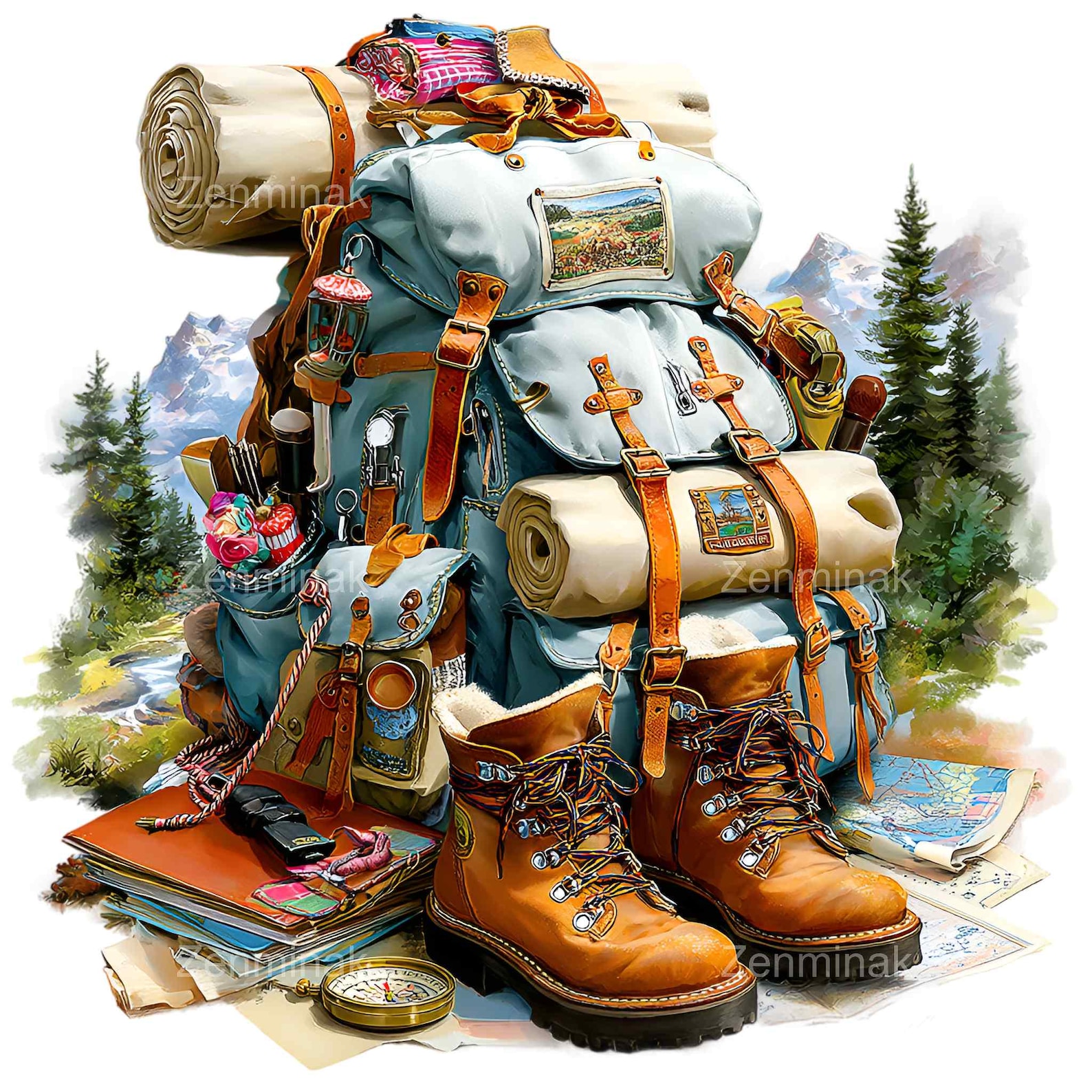 15 PNG Hiking Backpack Clipart, Camping Travel Gear Illustration ...