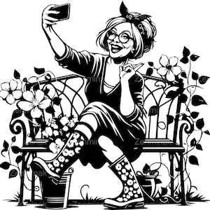 May include: A black and white illustration of a woman sitting on a bench in a garden. She is holding a smartphone and smiling. There are flowers and vines around the bench.