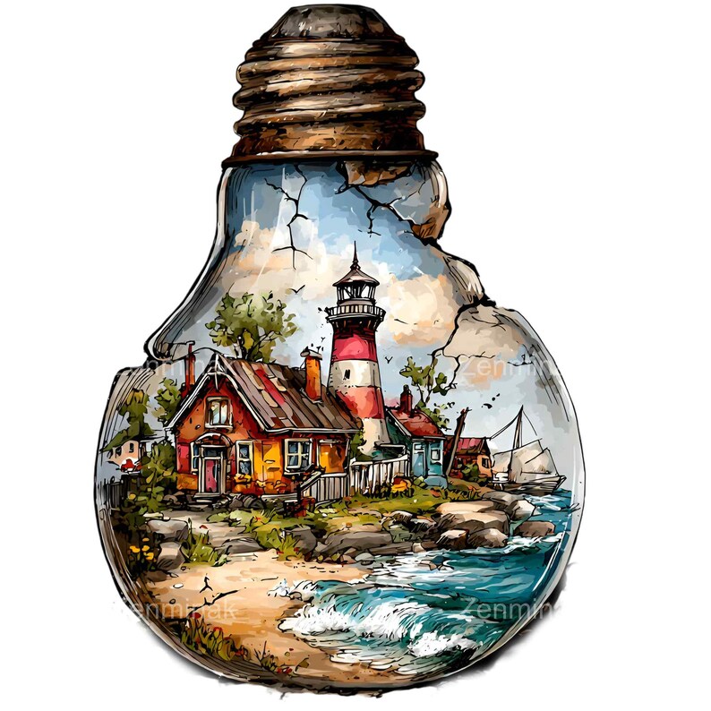 May include: A watercolor illustration of a coastal scene inside a lightbulb. The image features a red and white lighthouse, houses, a sailboat, and a beach with waves. The lightbulb's base is brown, and the glass is cracked.