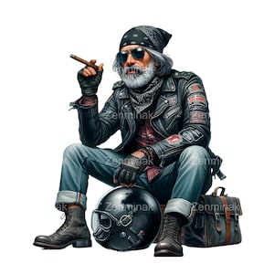 20 Biker man PNG clipart con barba, sigaro, giacca di pelle, casco e borsa da viaggio. Perfetto per l'arte a tema motociclista