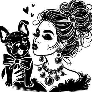 7 SVG de mujer elegante con perro, dama besando a un bulldog francés con lazo, collar y pendientes, archivo de corte para Cricut Silhouette