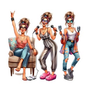Pode incluir: Três mulheres com roupas e penteados coloridos cantam em microfones. Uma mulher está sentada em uma cadeira com uma almofada estampada, enquanto as outras duas estão em pé. Todas usam óculos de sol e têm uma expressão divertida e enérgica em seus rostos.