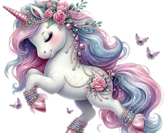 May include: A white unicorn with a pink and blue mane and tail. The unicorn is wearing a crown of pink flowers and a jeweled necklace. There are butterflies flying around the unicorn.