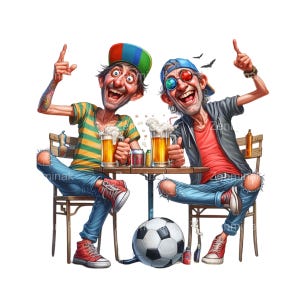 16 divertenti clipart PNG di tifosi di calcio, uomini allegri che bevono birra, cartoni animati di sostenitori di calcio, download digitale umoristico