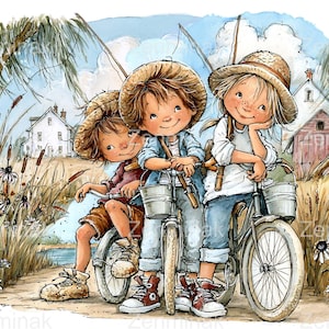 May include: A watercolor illustration of three children wearing straw hats and casual clothing, each riding a bicycle on a dirt path. The scene includes tall grasses, wildflowers, and a house in the background, with fishing poles and buckets.