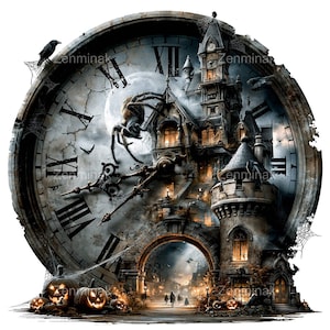 May include: A circular wall clock face featuring Roman numerals and a dark, detailed illustration of a haunted mansion with a large spider, crows, and cobwebs. The base includes several glowing jack-o'-lanterns and a stone archway entrance.
