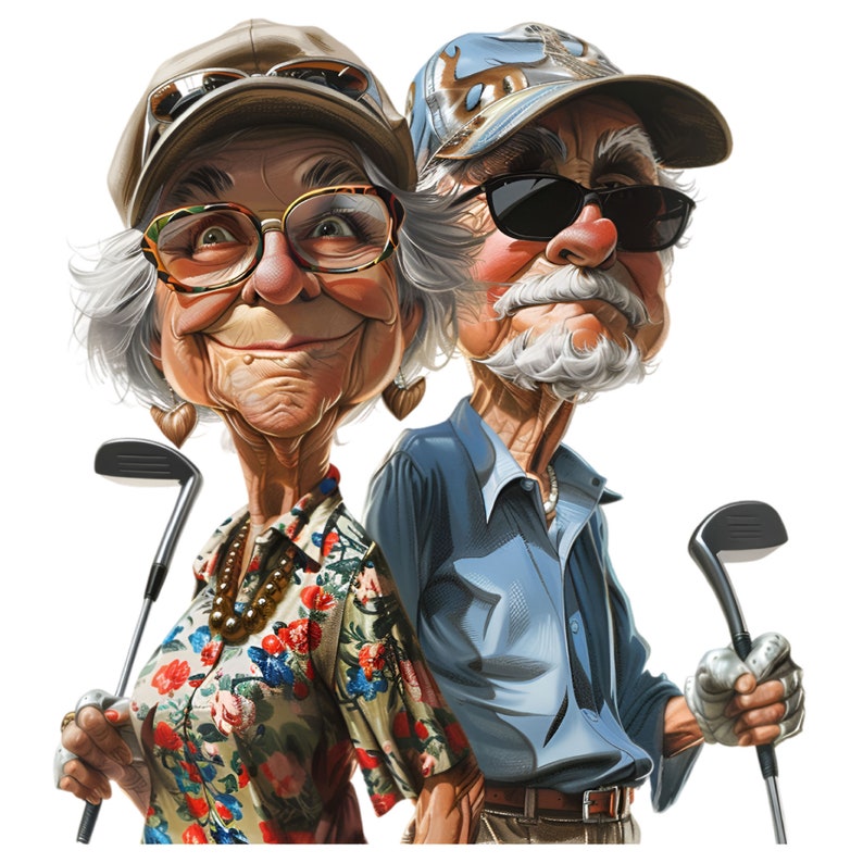 May include: A caricature of an older couple wearing hats and sunglasses, holding golf clubs. The woman is wearing a floral shirt and a necklace. The man is wearing a blue shirt and a brown belt.