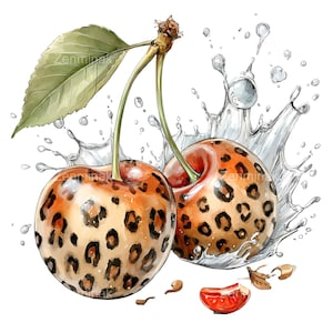 May include: A watercolour illustration of two cherries with a leopard print pattern. Water splashes surround the cherries, and a green leaf is visible. The background is white.
