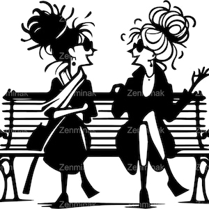 5 SVG de mujeres divertidas en un banco, dos mujeres con abrigos y gafas de sol charlando, archivo de corte para Cricut Silhouette Crafts