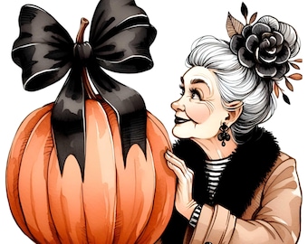 15 PNG Gothic Grandma Pumpkin Clipart, Fall Spooky Senior Halloween