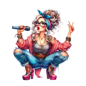 Puede incluir: Una mujer con cabello rubio y una bandana azul canta en un micrófono. Lleva una chaqueta rosa, jeans azules y botas coloridas. Está haciendo un signo de paz con su mano derecha.