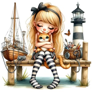 15 lindas imágenes prediseñadas PNG de niña y gato, estilo náutico, niña abrazando a un gatito en el muelle con bote, faro y canasta de conchas marinas