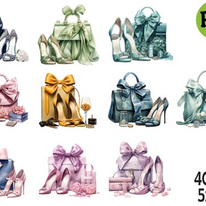 May include: Ten watercolor illustrations of handbags with bows and shoes. Each illustration features a different color scheme and style of handbag and shoes. The illustrations are set against a white background. 40 files 5x5 in.