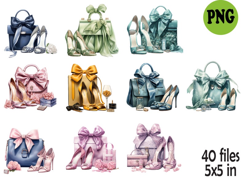 May include: Ten watercolor illustrations of handbags with bows and shoes. Each illustration features a different color scheme and style of handbag and shoes. The illustrations are set against a white background. 40 files 5x5 in.