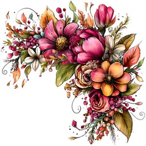 Könnte beinhalten: Aquarell-Blumenarrangement mit rosa, orangefarbenen und weißen Blumen, grünen Blättern und Beeren. Das Design ist vor einem weißen Hintergrund platziert und erzeugt eine lebendige und künstlerische Darstellung. Der Text "Zenminak" ist sichtbar.